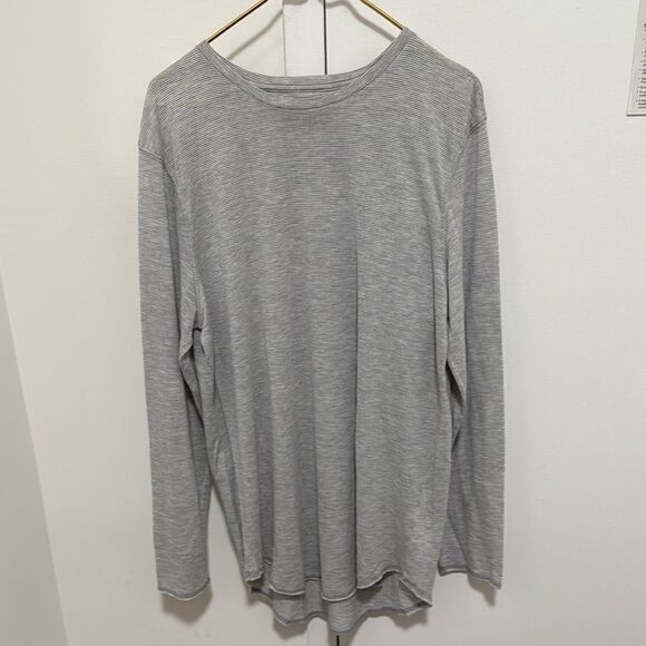 PACSUN Mens Basics Merton Long Sleeve Scallop Hem T Shirt. Gray fine stripe. - Picture 1 of 8